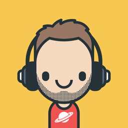 Minimal color illustration of a white man with brown hair, headphones, and wearing a red shirt emblazoned with a ringed planet silhouette.
