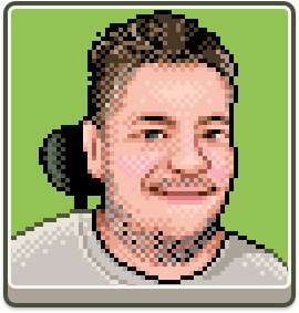 Pixel art illustration of a white man with brown hair wearing a gray shirt. A wheelchair headrest is visible in the background.