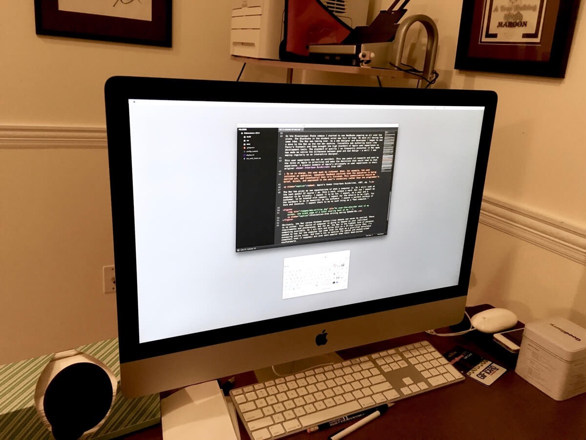 A photo of my new retina iMac with a draft of this article on screen.