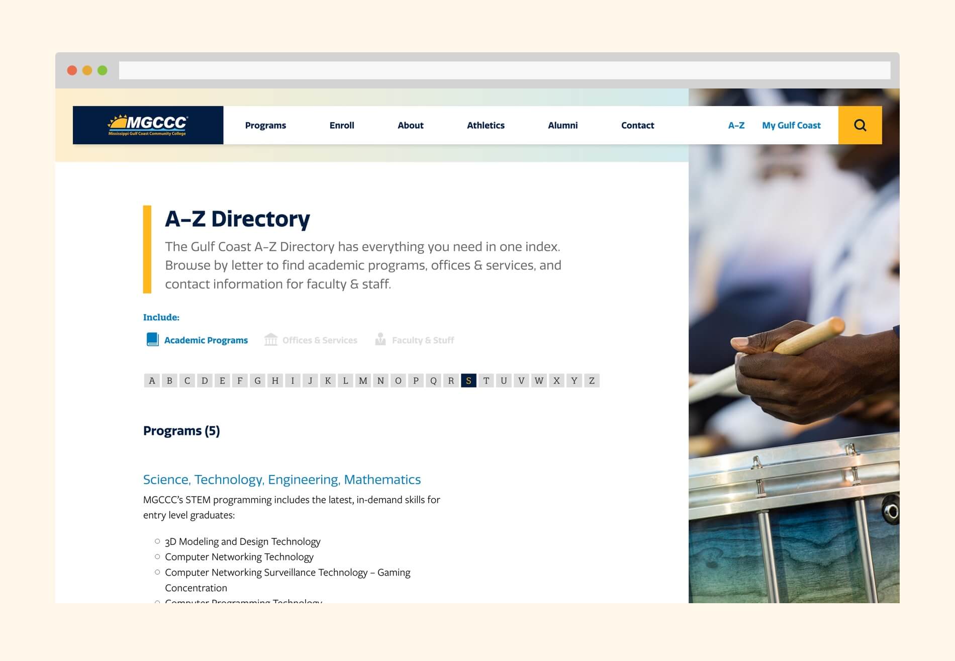 Desktop view of the A-Z directory showing filters for programs, services, and staff. It also includes alphabetical filters.
