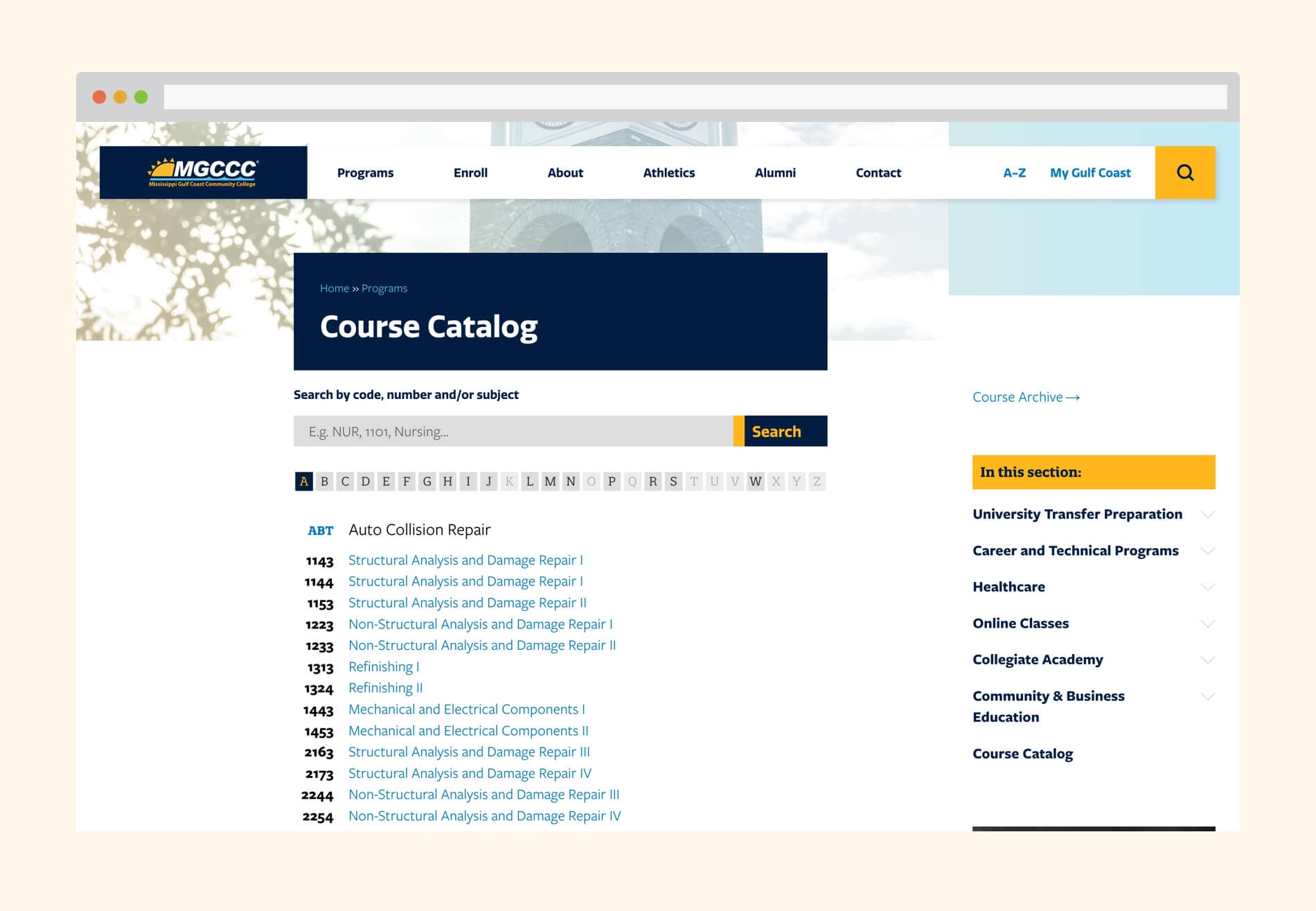 Desktop view of the course catalog showing course listings grouped by course prefix. Above the listing is a search field and alphabetical filters.