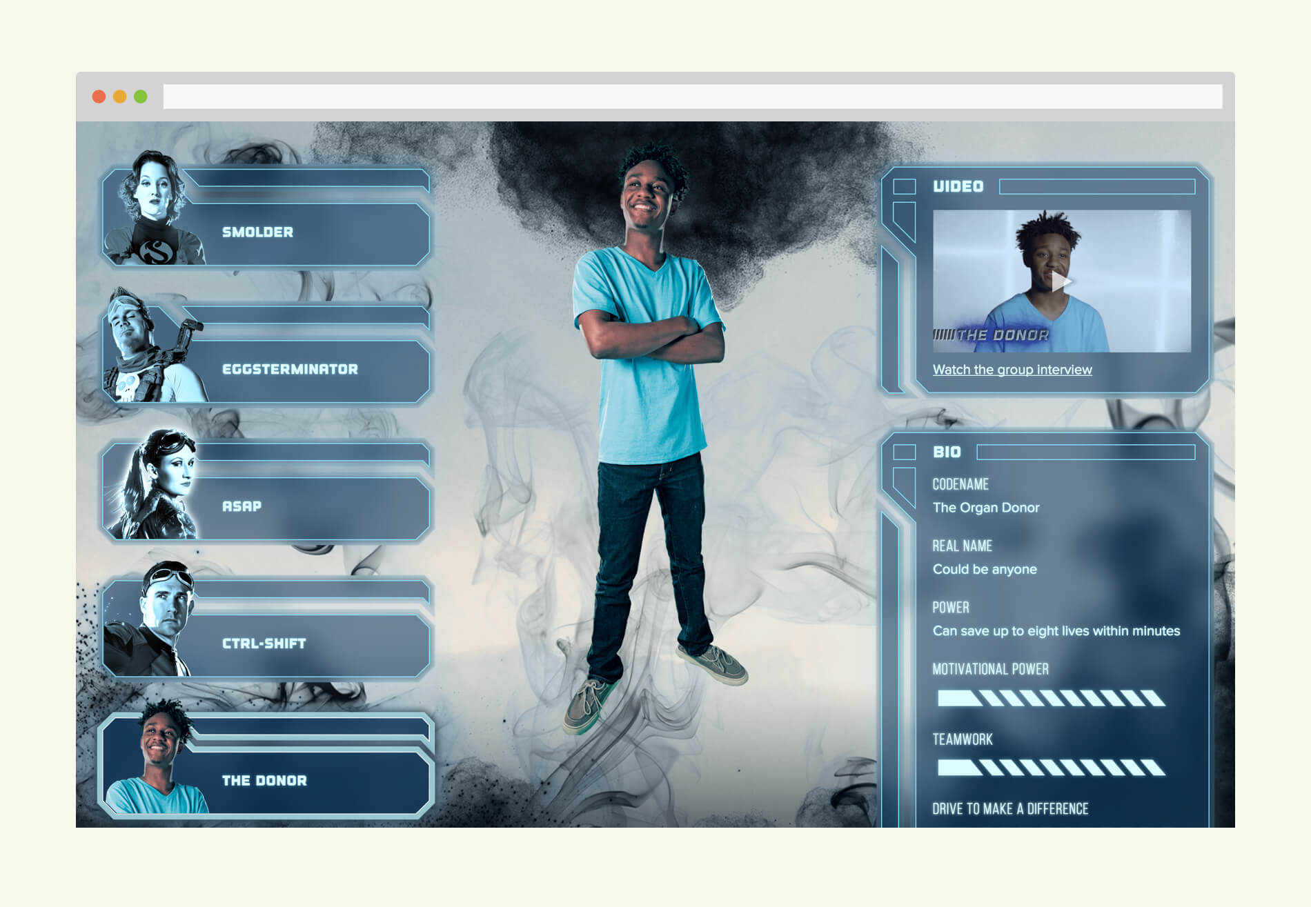 League of Lifesavers page showing one of the heros, The Donor, who looks like an ordinary young adult wearing a tee shirt and jeans. Shows art, video thumbnail, and accompanying backstory.
