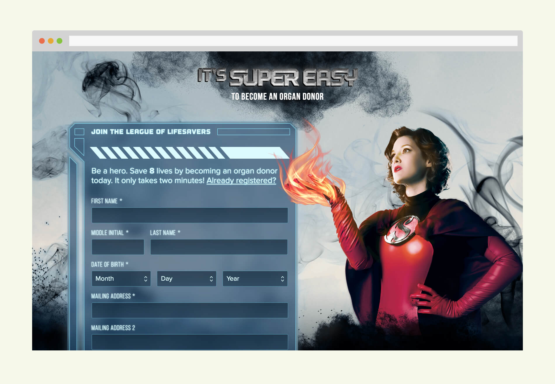 Home page consist of a dramatic shot of one of the heroes accompanied by a web form styled to look like futuristic UI