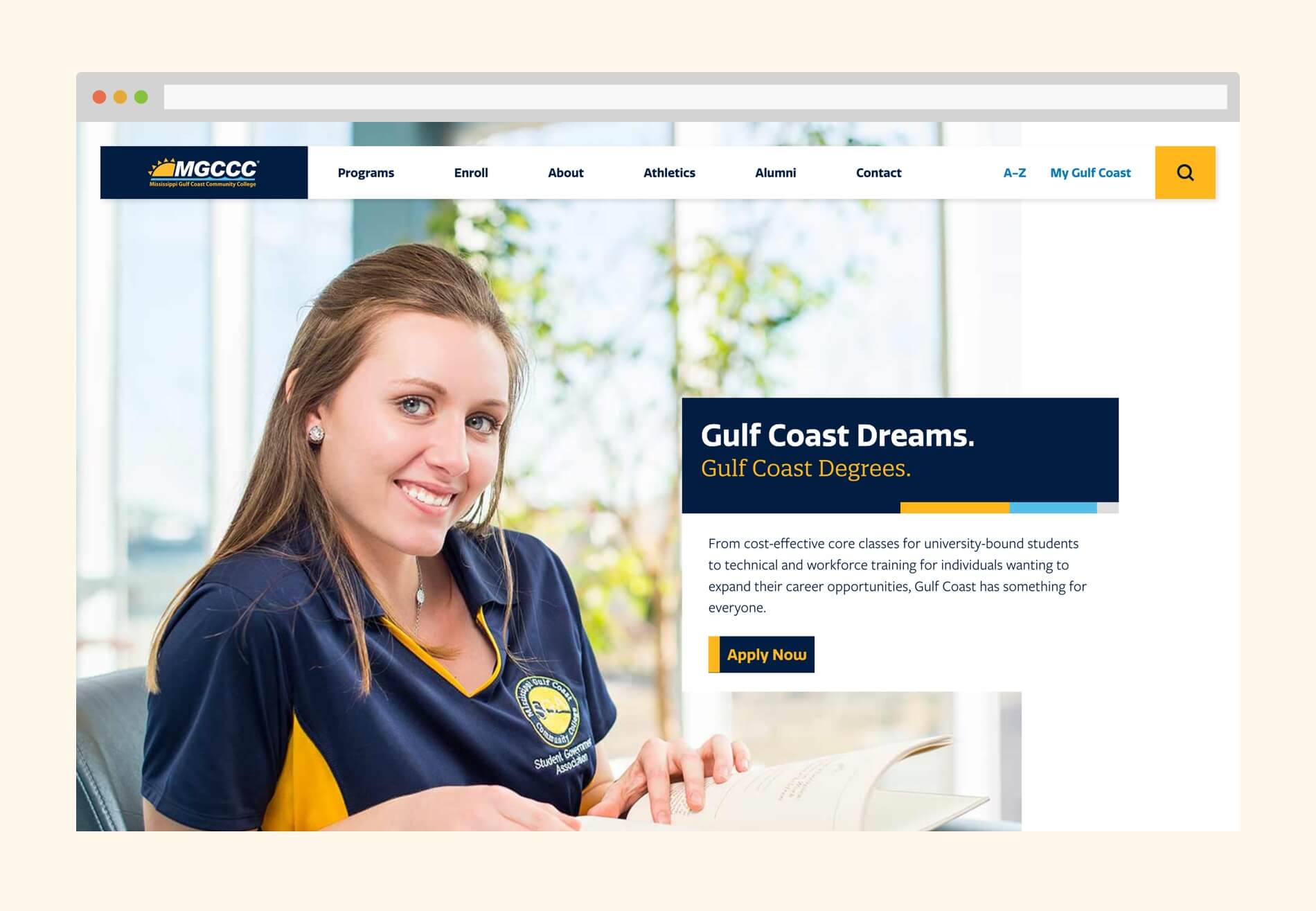 Desktop view of homepage featuring a happy student and the headline, 'Gulf Coast Dreams. Gulf Coast Degrees.'