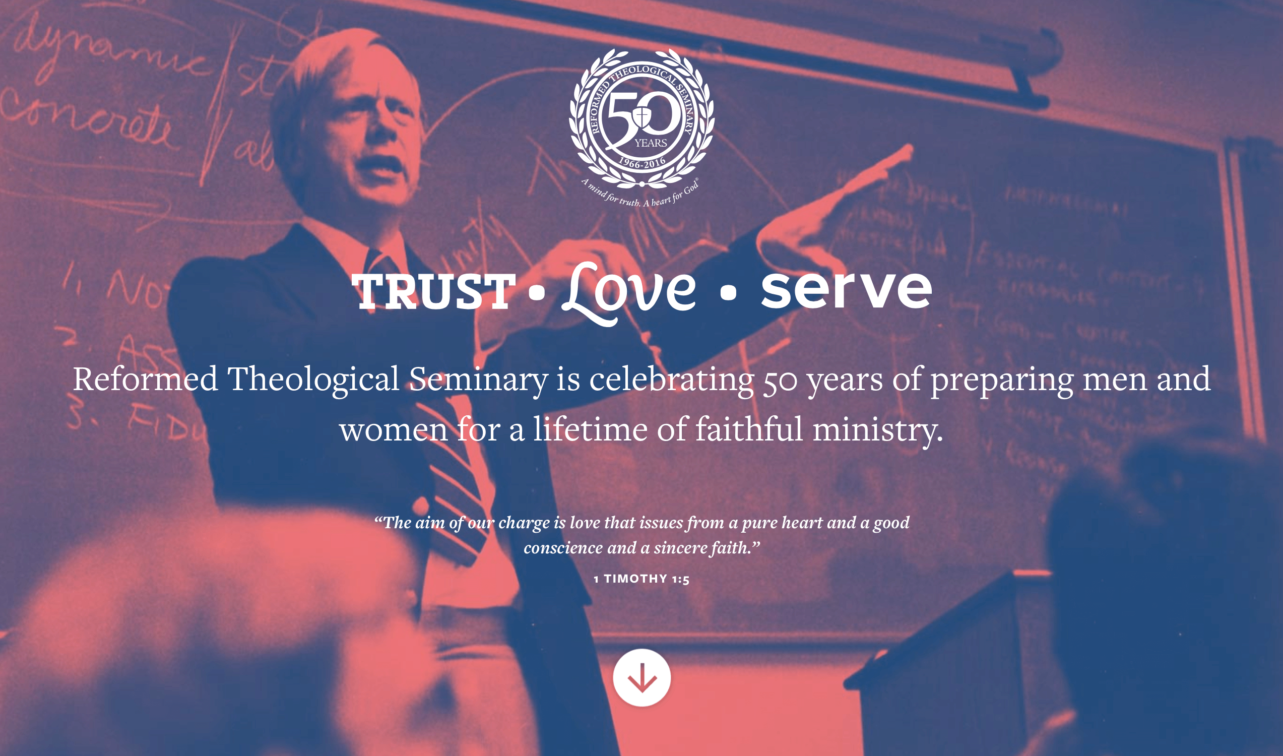 50th microsite intro screen - Trust, Love, Serve overlayed atop an image of a professor