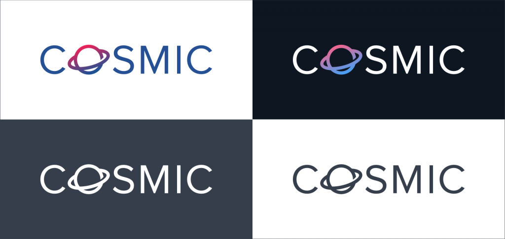 Variations of the COSMIC logo. It’s uppercase sans-serif with the O character replaced with a line drawing of a ringed planet.
