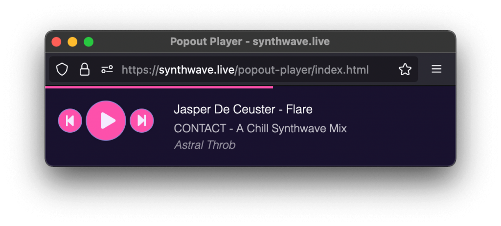 Screenshot of the popout player. It’s a small window showing playback controls, the track title, the video title, the channel name, and a playback progress bar.