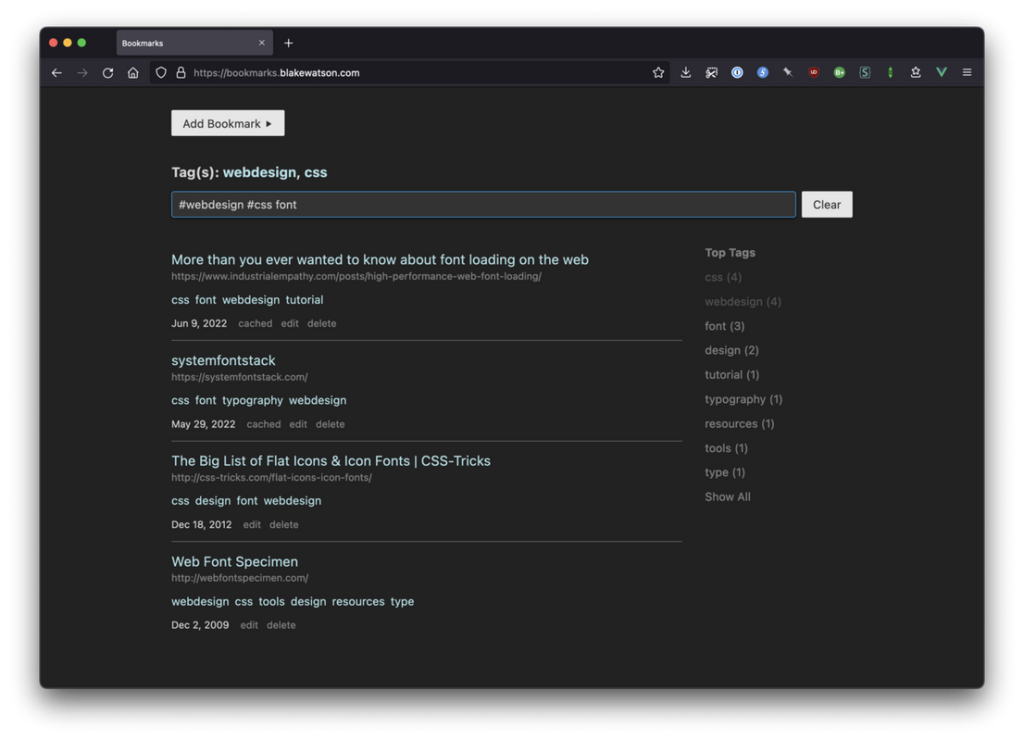 Browser window in dark mode. Shows a simple interface with a search bar followed by a main column of bookmark entries. The search bar contains the text, '#WebDesign #css font.' Each entry has a title, URL, description, and associated tags. A sidebar on the right shows a list of all tags that are part of the search result set.