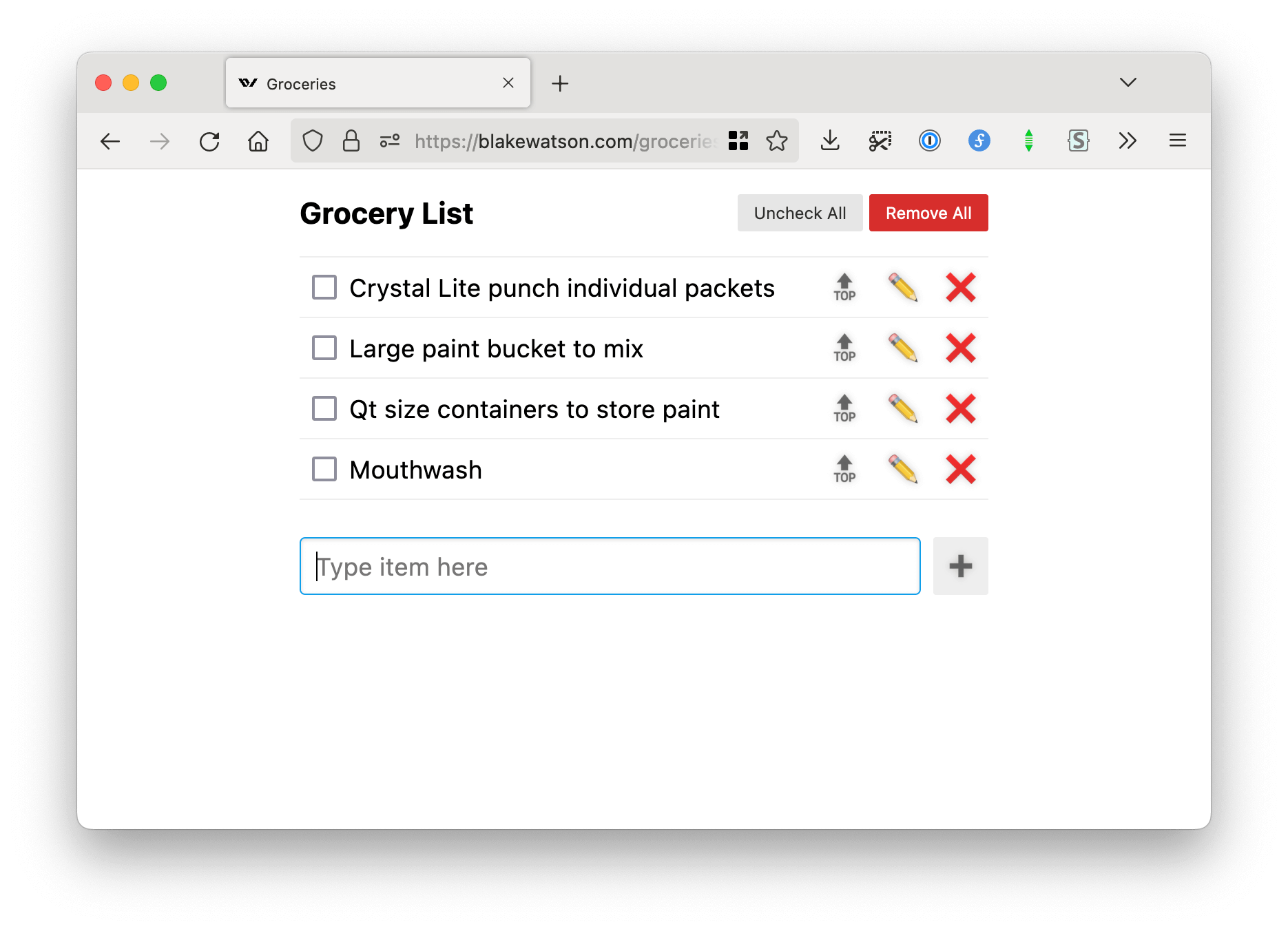 Screenshot of the groceries app. Header is Grocery List. Below that is a list of four grocery items with a checkbox by each one. Each item has 3 action buttons to the right of it: top emoji, pencil emoji, and red ex emoji. Underneath the list is a text box for adding a new item.