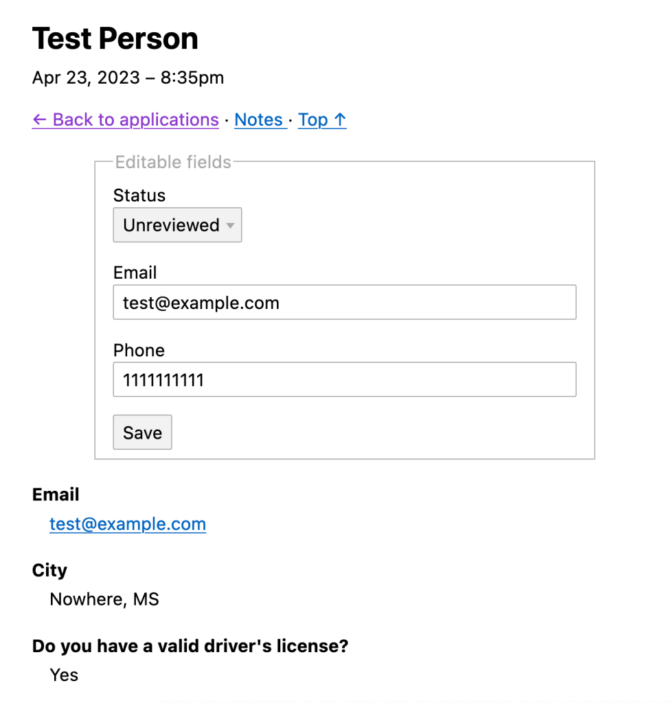 Screenshot of a single application, Test Person, with a status of Unreviewed (in a dropdown) and a few fake responses.