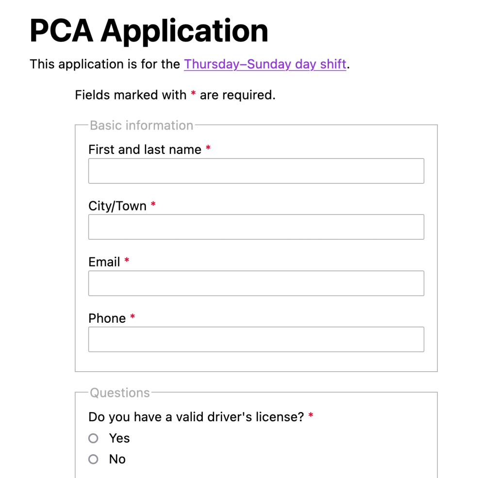 Screenshot showing a few basic text fields (name, email, phone) and a radio button question about a valid driver’s license.