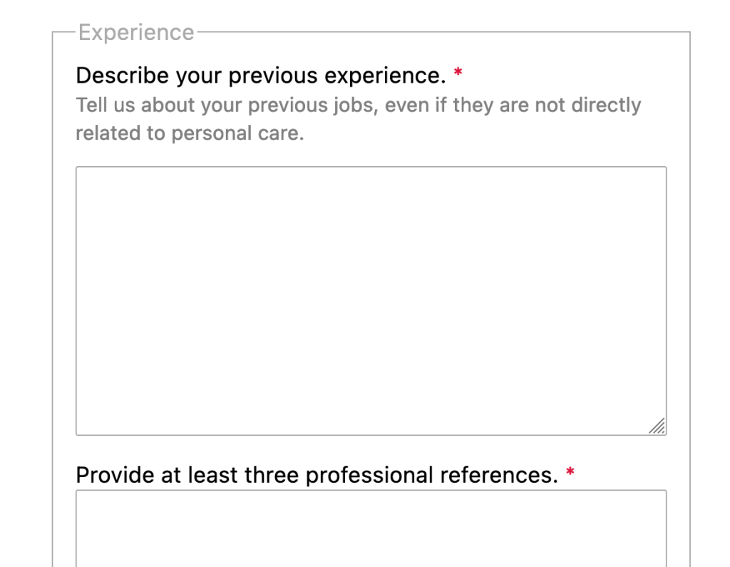 Screenshot shows two text areas asking about previous experience and professional references.