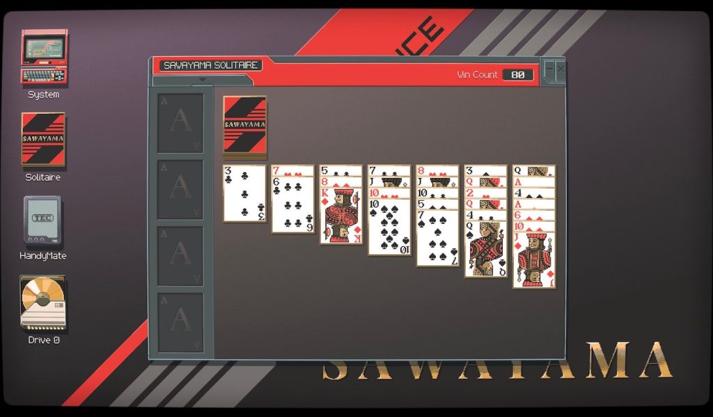 A screenshot of Sawayama Solitaire in its beginning state. It looks like a retro OS desktop. The graphics are low resolution. The cards are dealt similar to Klondike but all of them are face up. The entire screenshot is slightly warped said that it looks like a CRT monitor.