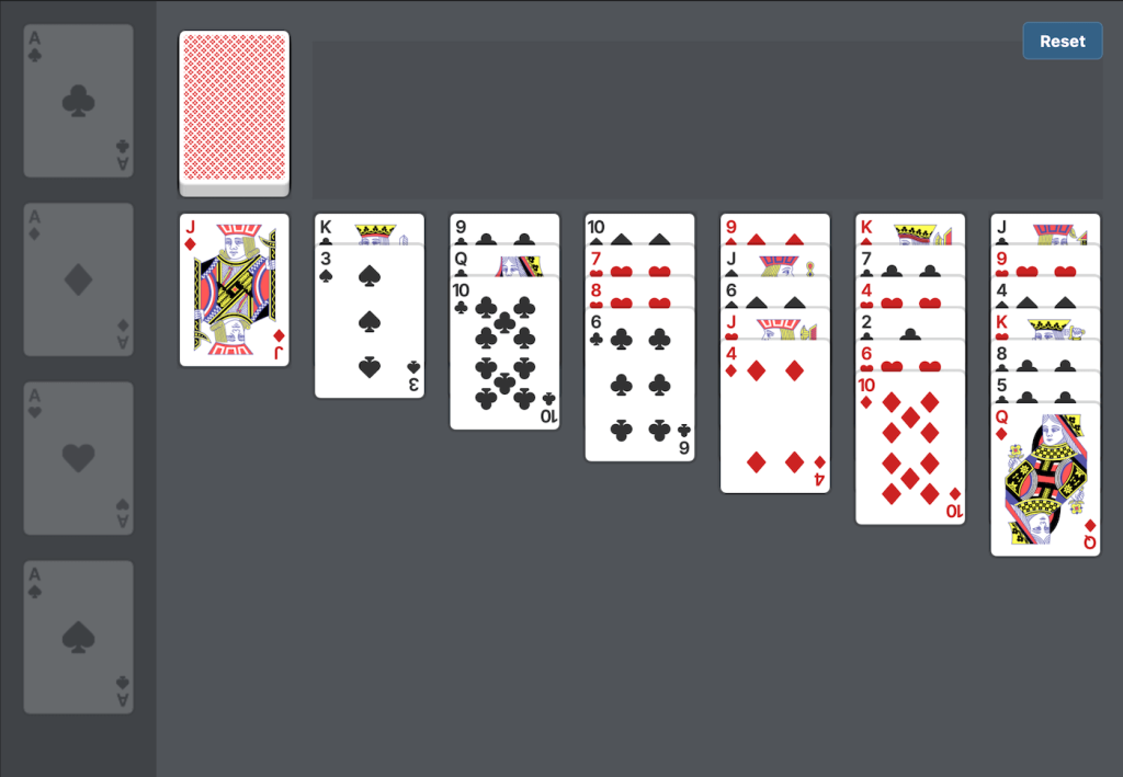 Screenshot of my version of Sawayama Solitaire. The cards are dealt similar to Klondike but all of them are face up.