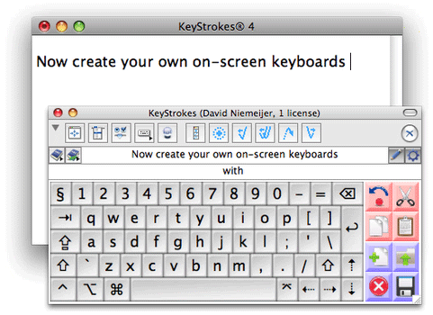 Animated GIF of KeyStrokes, the onscreen keyboard. It depicts a mouse typing by clicking on keys and predictive text suggestions. It’s a standard QWERTY layout with some extra keys for common actions like copy and paste.