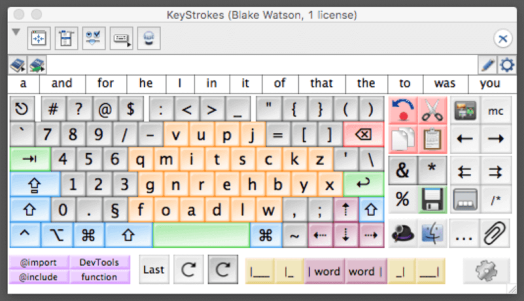 My custom KeyStrokes keyboard panel. It’s the Chubon keyboard layout and has many custom buttons for text navigation, common actions like copy, paste, and undo, and buttons especially for web development, such as a browser refresh button.