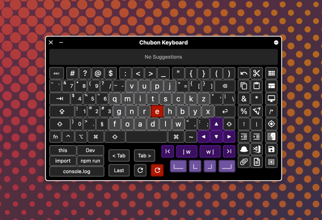 Screenshot of the current iteration of my Chubon panel for the macOS Accessibility Keyboard. It features the Chubon layout with an adjacent number pad. There is an entire row dedicated to special characters and about 42 custom buttons that support everything from text navigation to app-specific shortcuts.