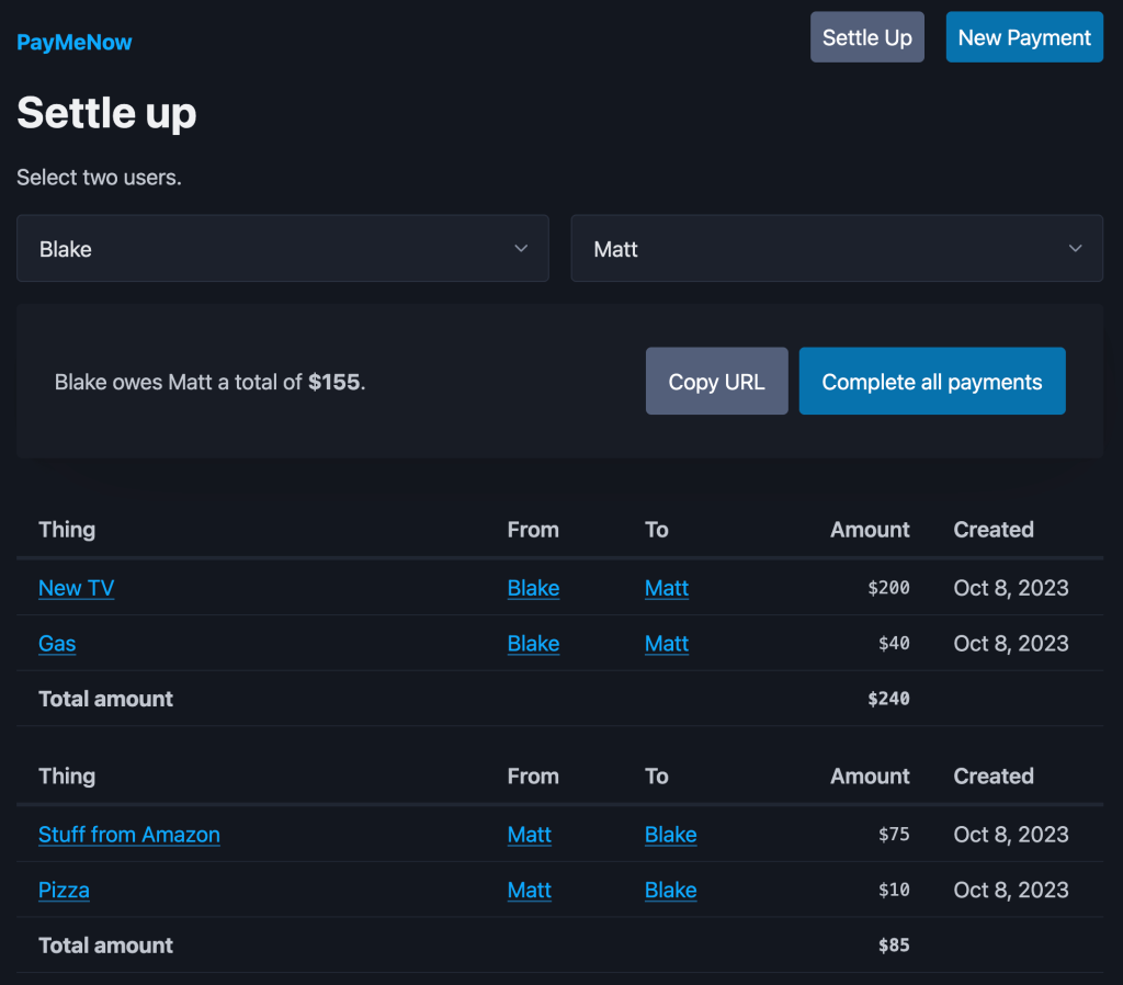 Screenshot of the PayMeNow settle up screen. Dropdown inputs show that Blake and Matt are selected. Below that a card says "Blake owes Matt a total of $155" along with a button to copy the URL and a primary button to complete all payments. A couple of tables below list out what is owed to whom and what for—things like food, gas, and stuff from Amazon.