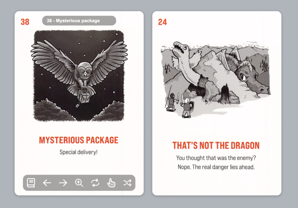 Screenshot showing two cards from the Writer Emergency Pack XL. The first card has an illustration of an owl delivering a package. Text below says "Mysterious Package: Special delivery!" The second card has an illustration depicting two warriors confronting a fake dragon whilst the real dragon is hiding behind it. Text below says, "That's not the dragon: You thought that was the enemy? Nope. The real danger lies ahead. The first card has a UI overlay indicating that you can cycle through the cards, flip the card over, zoom the card, etc.