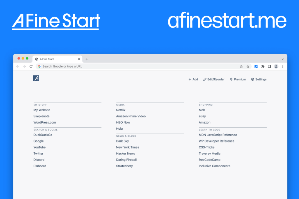 A Fine Start promo image. afinestart.me. Shows a new tab page in a web browser with three columns of plain text links.