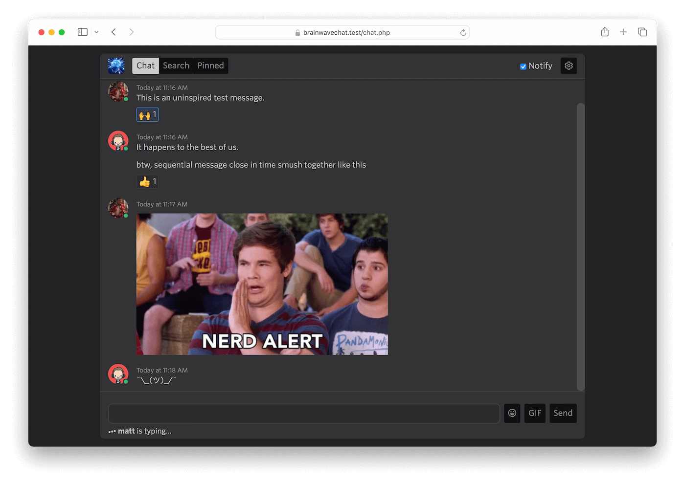 Screenshot of BrainWave Chat. Several test messages are shown along with emoji reactions. One message is a meme gif that says "nerd alert." The last message is the shrug emoticon.