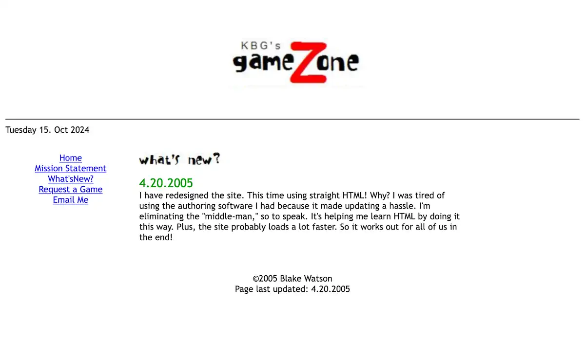 Screenshot of a plain looking website. Logo reads 'KBG's gameZone' and the page is titled 'What's new?' The single update there is dated April 20, 2005.