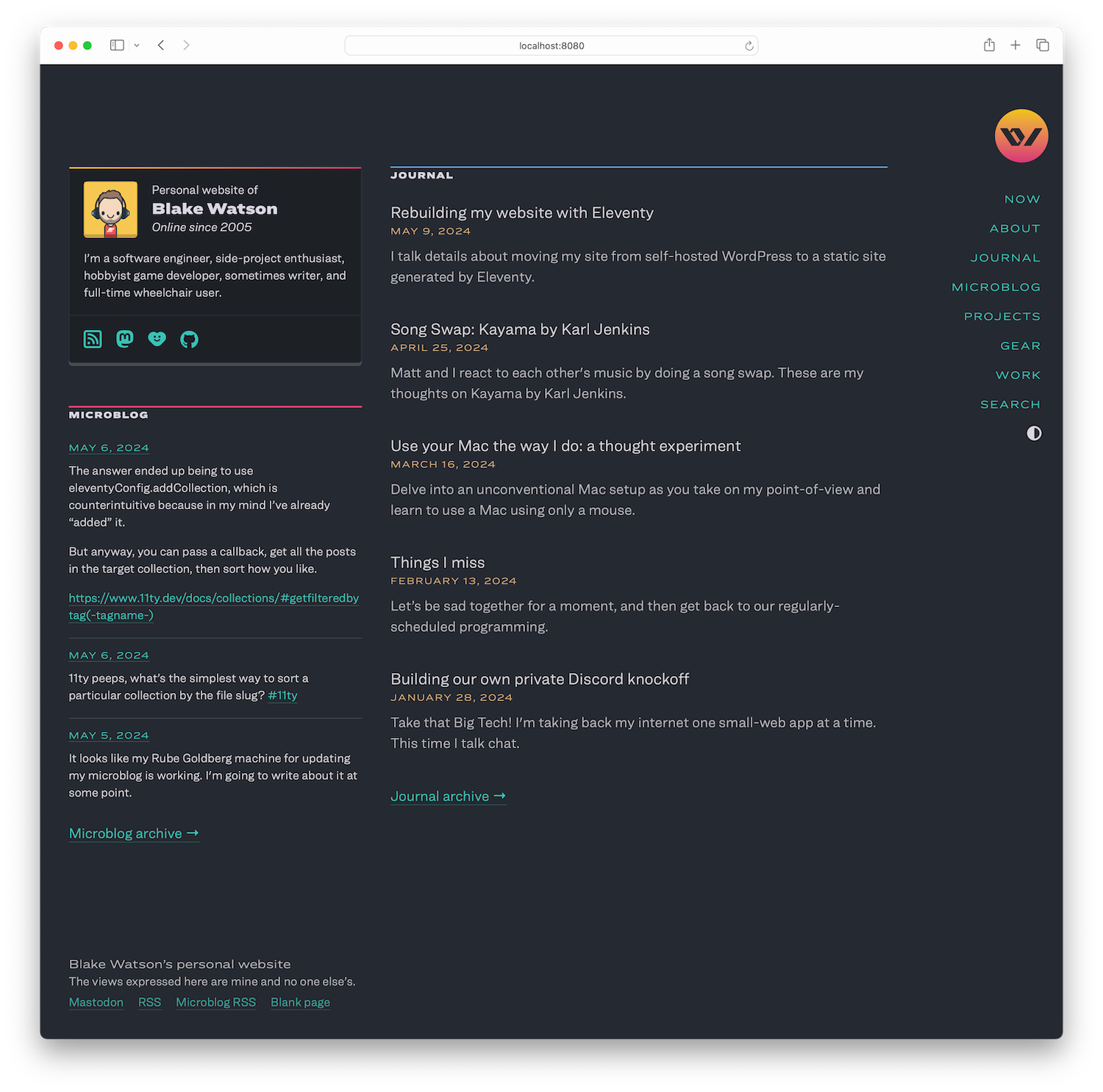 Screenshot of my homepage in dark mode inside of a Safari window. There are 5 journal articles listed in the widest column. A card with my avatar, a one-sentence bio, and some social links are in the sidebar. Below that are 3 microblog posts.