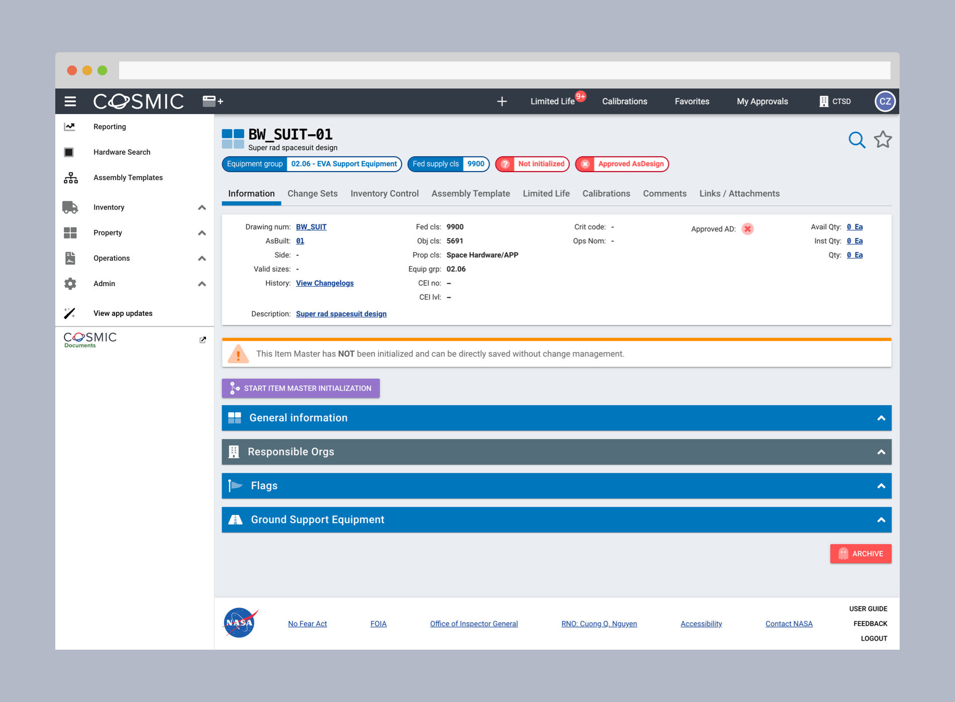 Screenshot of Item Master manage page. Shows lots of metadata about the hardware such as drawing number, classification codes, and more.