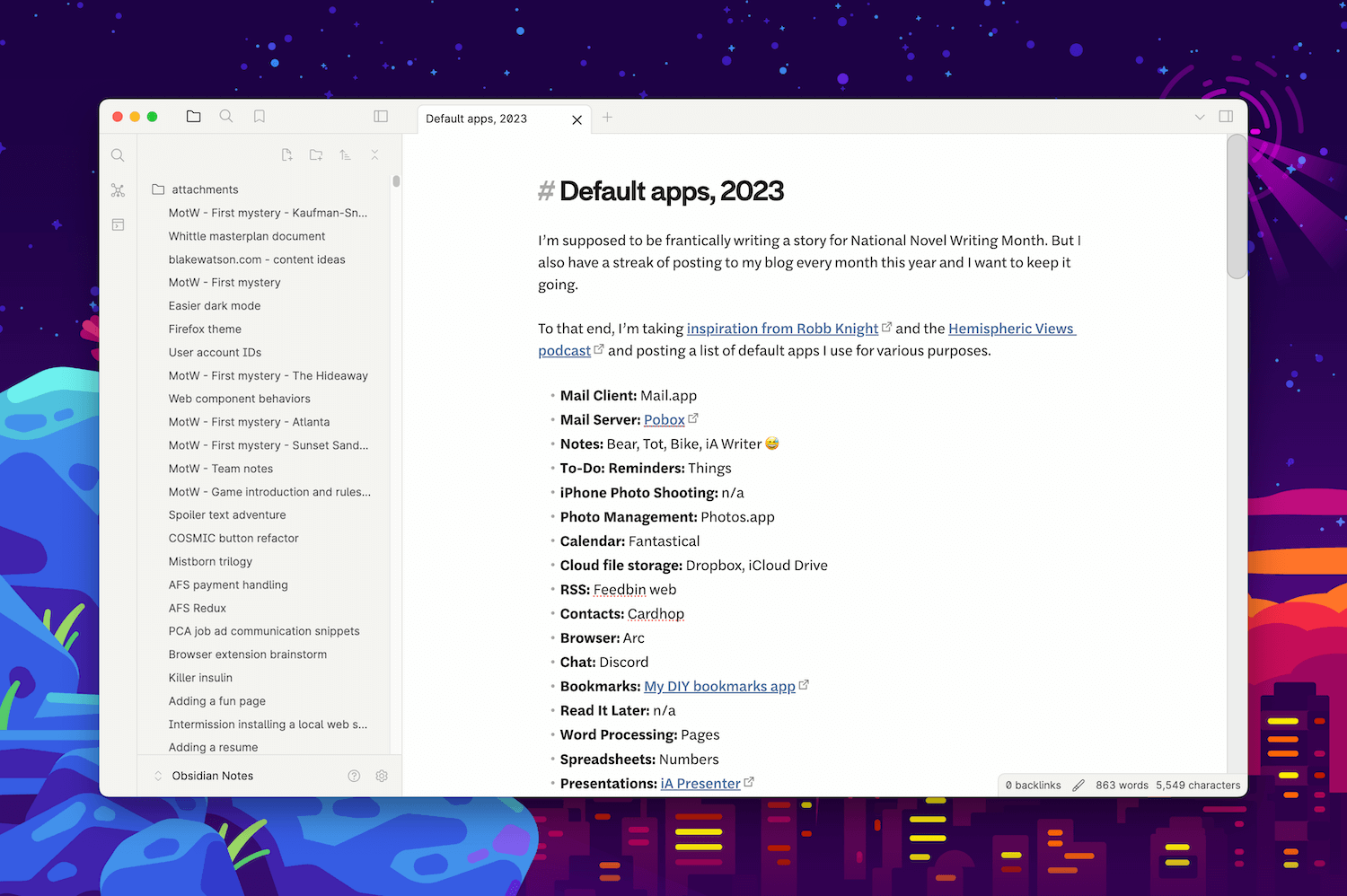 A screenshot of the Obsidian app window with a note titled "Default apps, 2023." The note categorizes various apps under headings like Mail Client, Web Browser, Note-taking, To-do, Phone Management, Photos, Cloud Storage, RSS Reader, Bookmark Manager, and more.