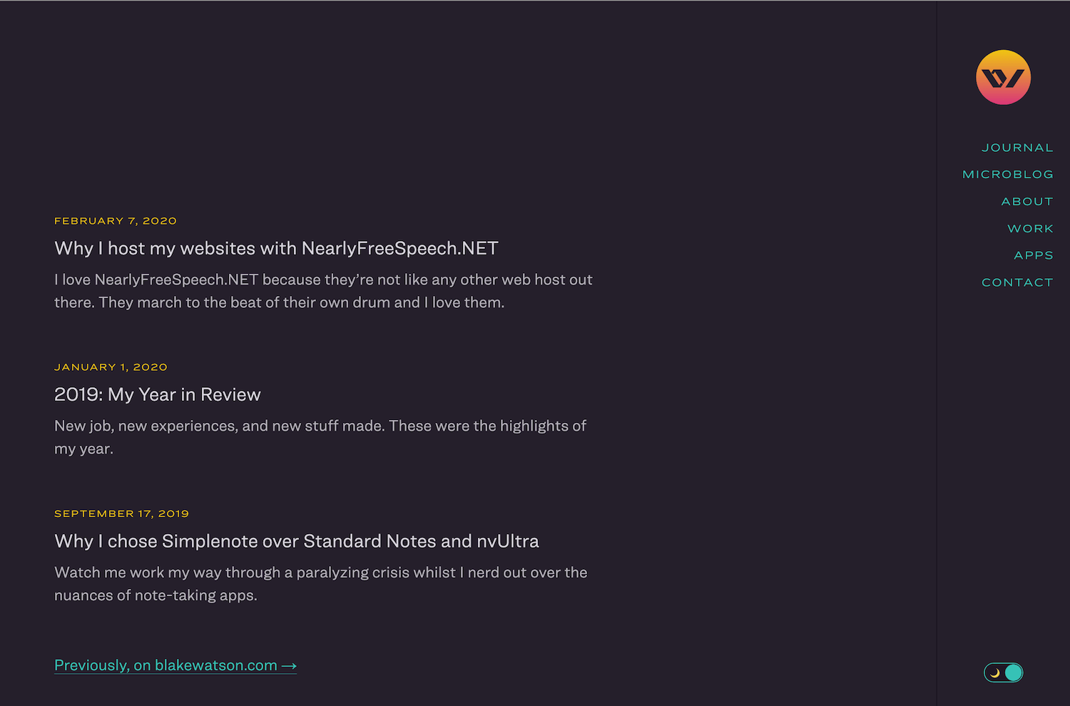 Similar elements to the previous design, sparse with three posts on the homepage and a sidebar, but the colors are completely redesigned using a deep purplish black background with light text for the foreground. Still using clean sans serif type and a minimal layout.