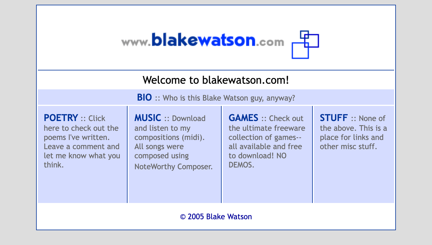 This is a screenshot of BlakeWatson.com. It's a simple website with the domain name stylized at the top as a banner. Then it has what looks like a table layout of different sections you can click on: Bio, poetry, music, games, and stuff. Each category has a description of what it's for. The footer says copyright 2005 Blake Watson. It's simple white and blue colors with borders on a grey background.