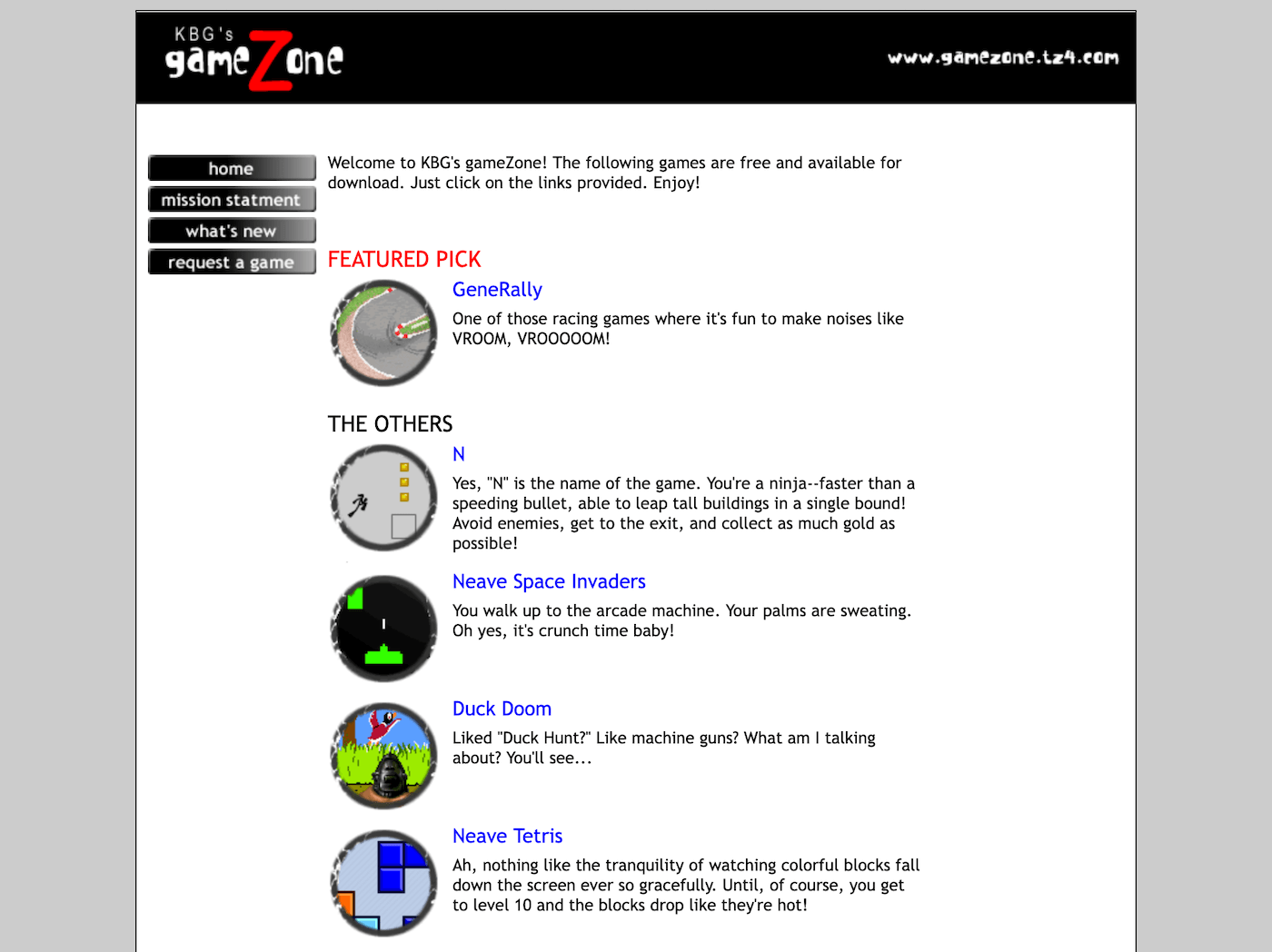 A screenshot of my game page in 2005, shortly after learning a bit of HTML and CSS. It has a simple, old-school feel to it with some image buttons and a sidebar. It has a list of featured games, along with a little thumbnail image in the main content area. The featured pick is a game called Gene Rally that looks to be a racing game. And among the other games is Space Invaders, Tetris, and a game called Inn, where your character is a ninja.