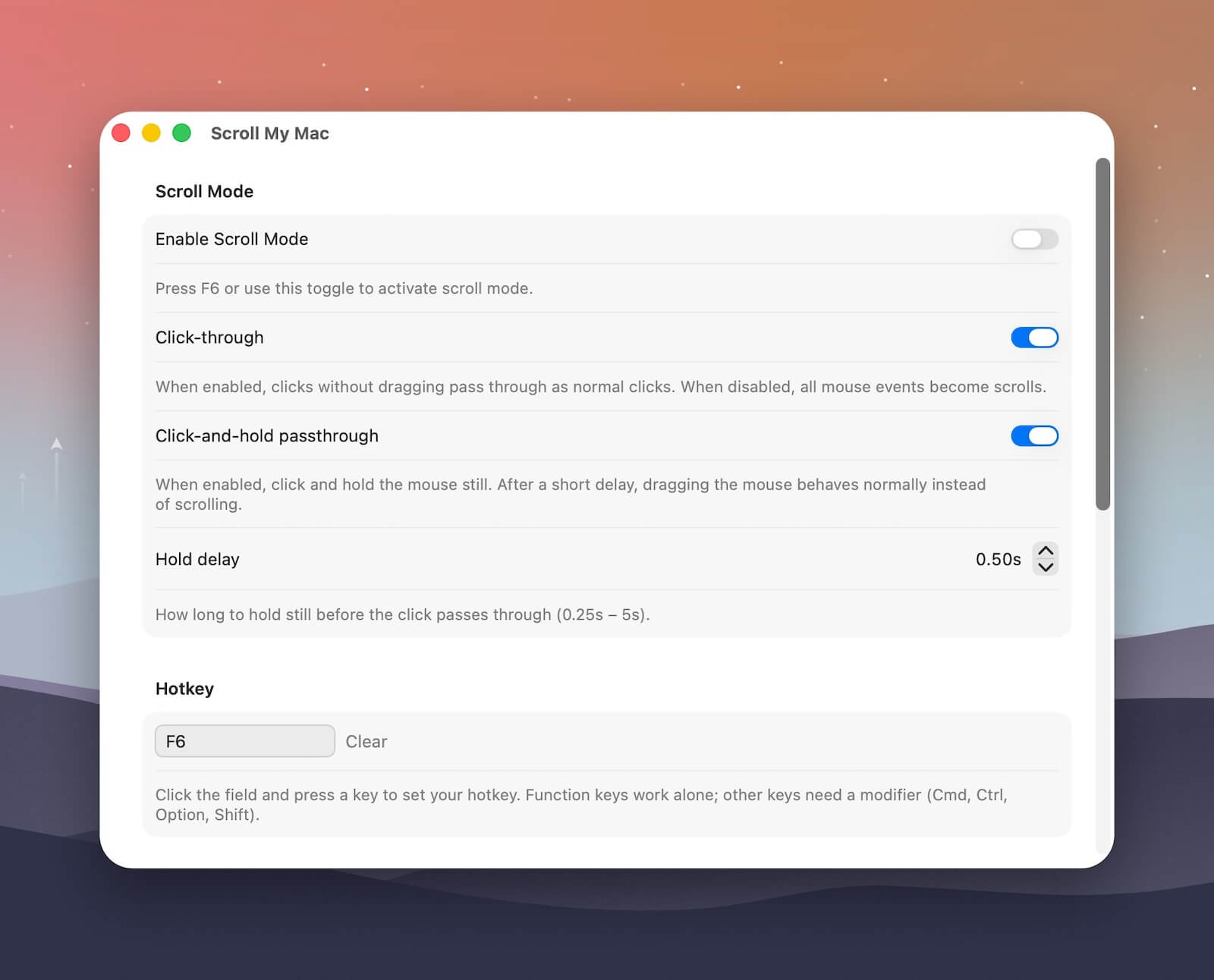 Scroll My Mac settings window showing scroll mode toggle, click-through options, hold delay setting, and hotkey assignment.
