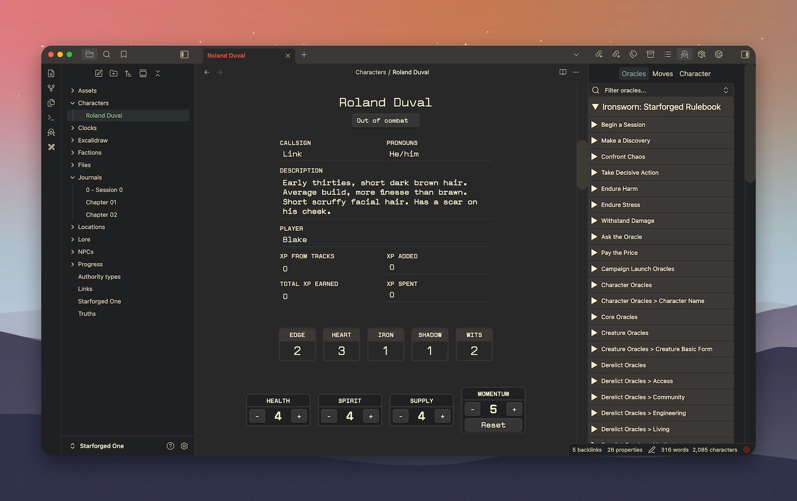 Obsidian app window with the Iron Vault plugin open to a character sheet for Roland Duval. The left sidebar shows a vault folder tree, the center pane shows character details and attributes, and the right pane lists Starforged oracles and moves.