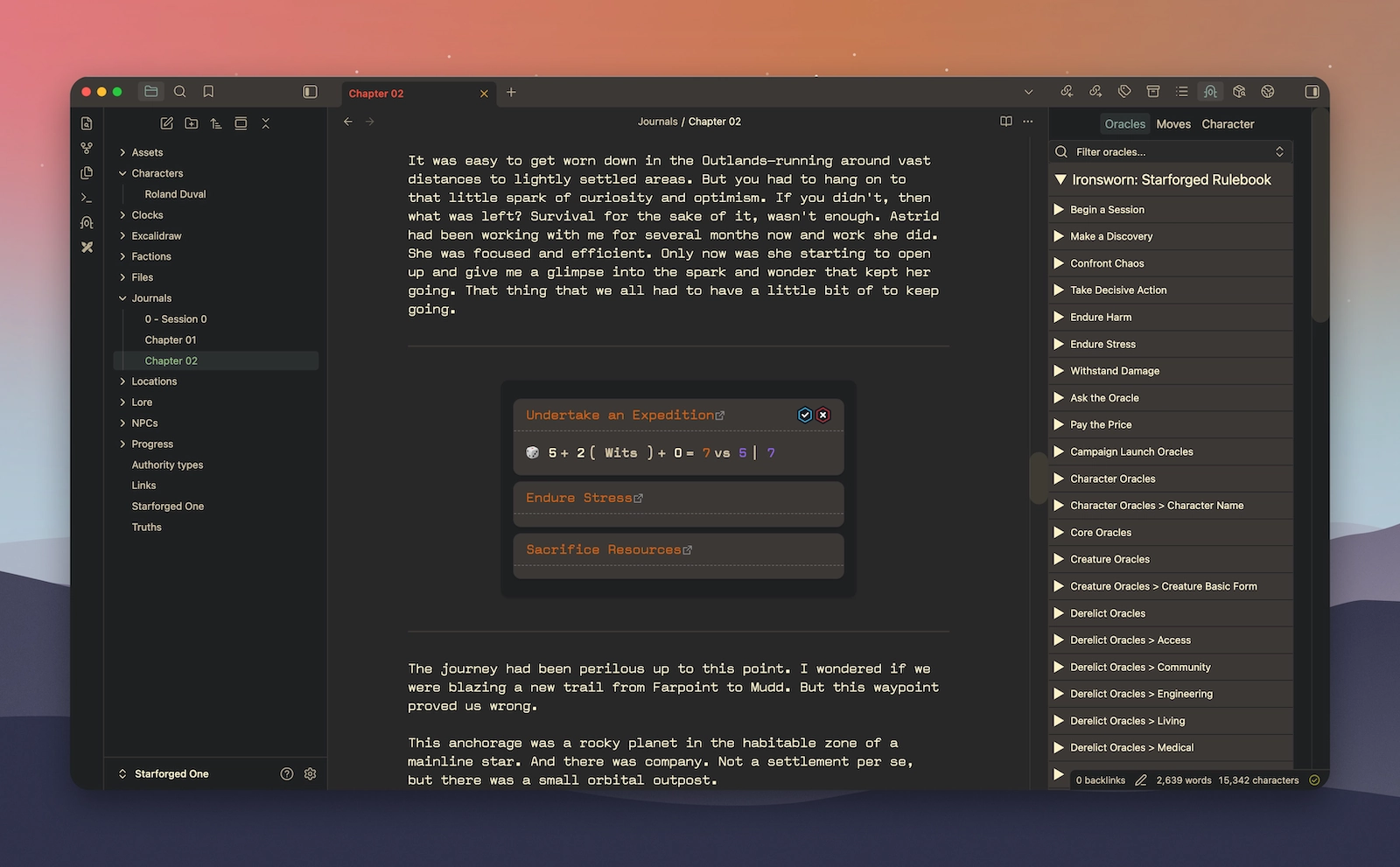 Obsidian window in dark mode with a journal note titled “Chapter 02.” The note contains story text and an Iron Vault move card showing “Undertake an Expedition” with a dice roll result, while the right sidebar lists Ironsworn: Starforged oracles and moves.
