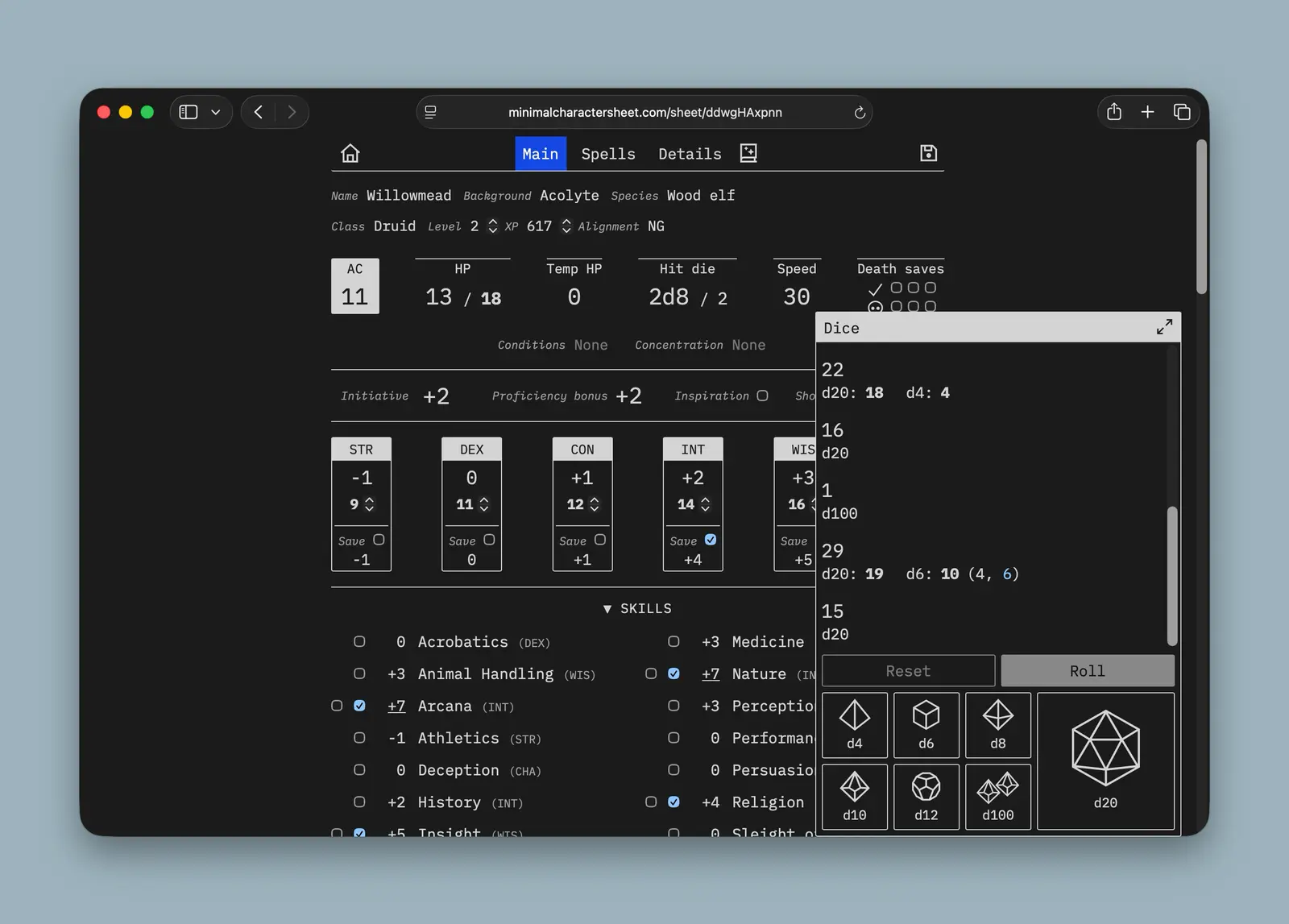 A floating dice panel is opened in the foreground showing various dice buttons and a log of previous rolls.