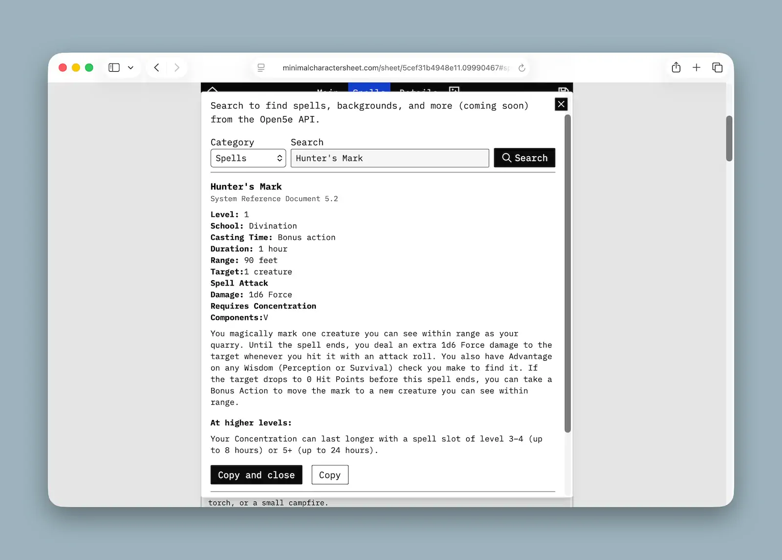 A dialog showing a search box for spells where the user has typed in Hunter's Mark followed by a result that has been expanded which describes all the properties of the spell Hunter's Mark along with a button to copy the text and close the dialog.